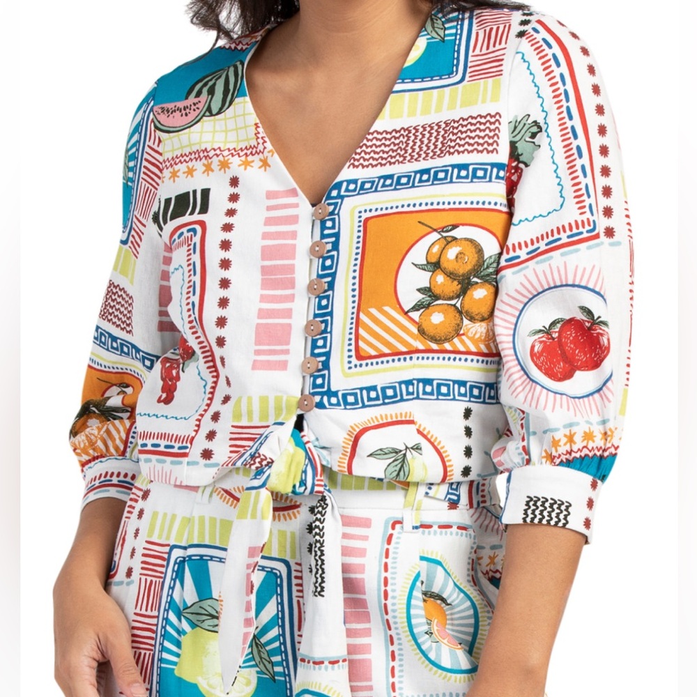 RACHEL ZOE Linen Blend Printed Sustainable Quarter Sleeve Top